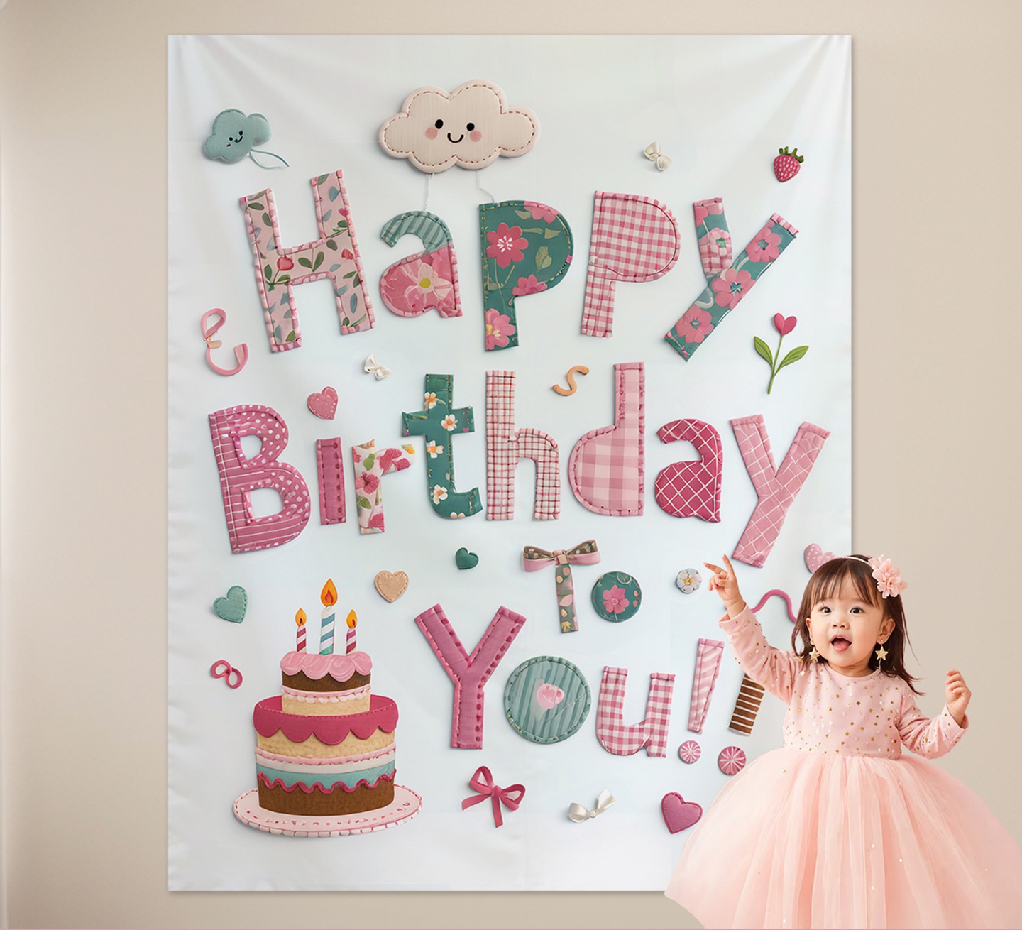 Pink Happy Birthday Backdrop Banner - Reusable Fabric Party Decoration with Colourful Lettering, Photo Background for Birthday, Celebration
