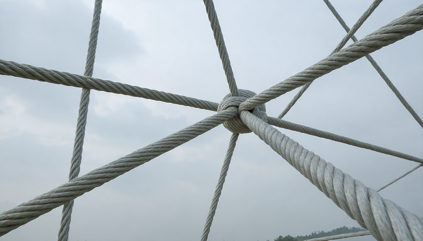 Close-up of a tensegrity structure joint showing cables under tension meeting a single compression strut, with visible slight flex in the cables.