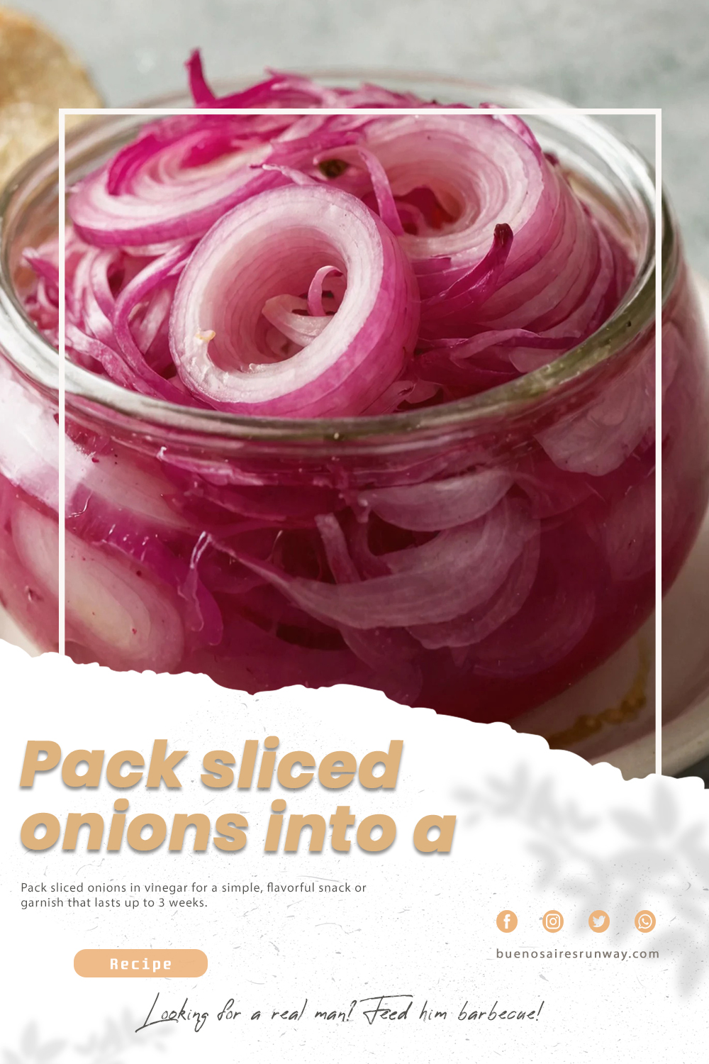 Pack sliced onions into a jar for fresh flavor.