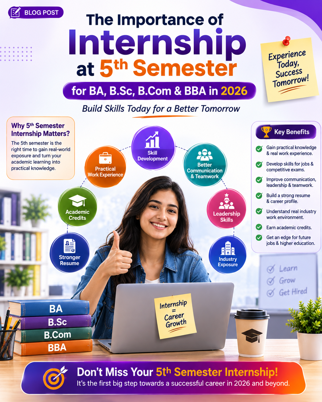 Importance of 5th semester internship for BA BSc BCom BBA students - build skills practical work experience leadership teamwork stronger resume and academic credits