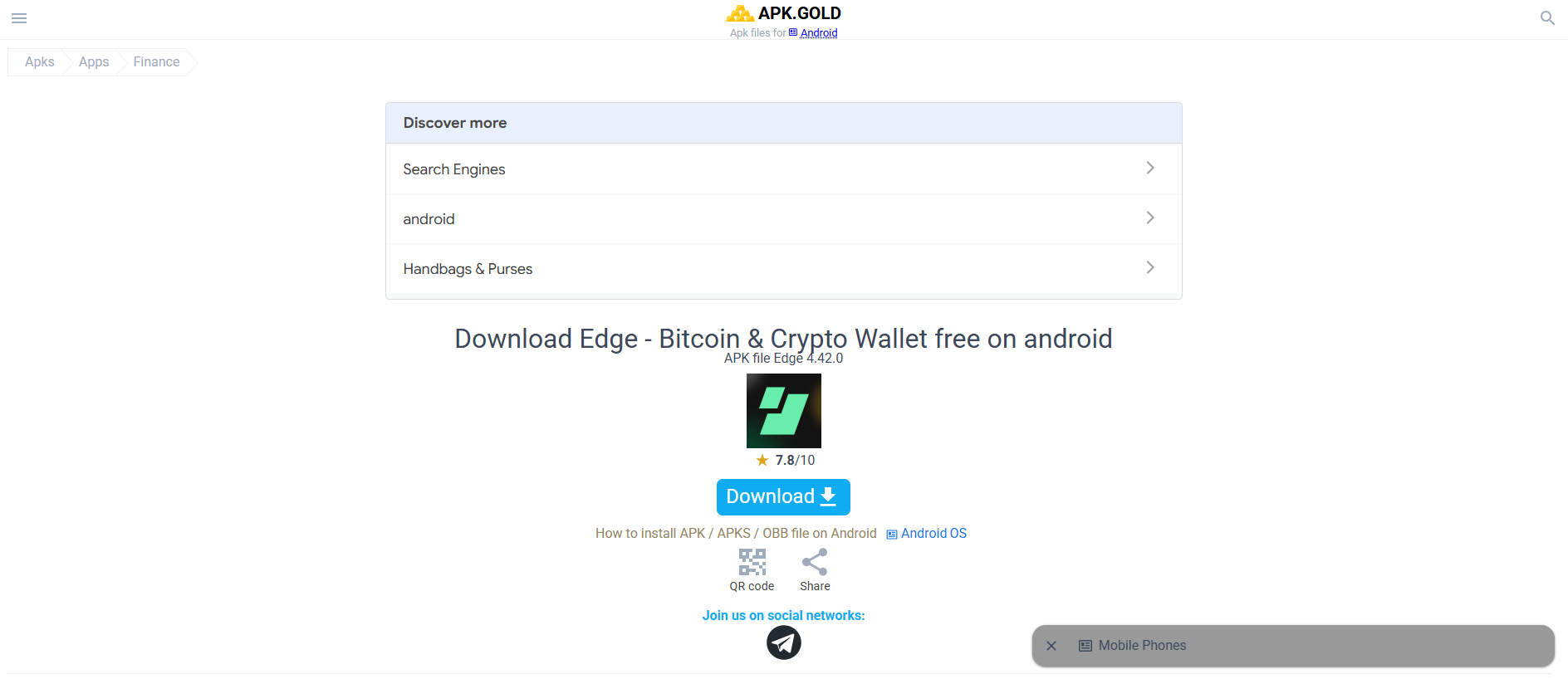 Forensic screenshot of edge-bitcoin-and-crypto-wallet.apk.gold showing the phishing page layout