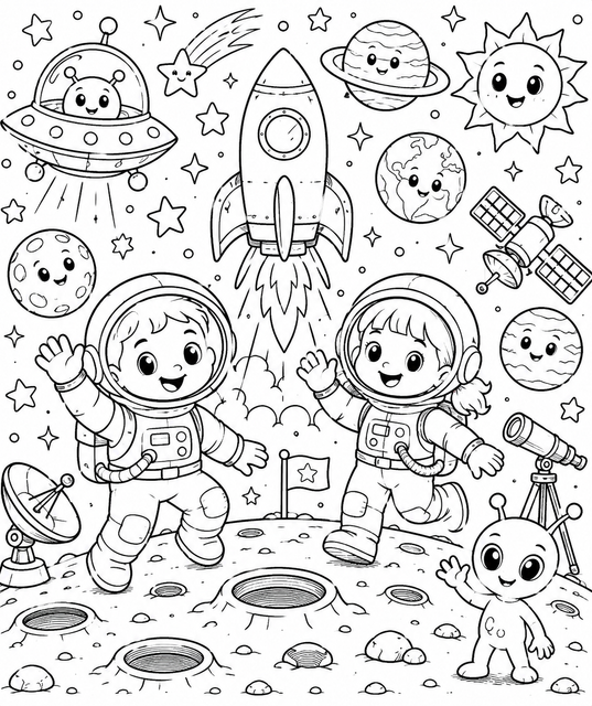 Printable Space Explorer Friends colouring page for kids