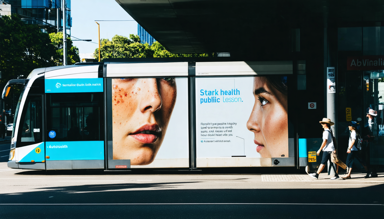 A public transit bus on an Australian city street displaying a large photograph of a skin cancer lesion as a public health advertisement.