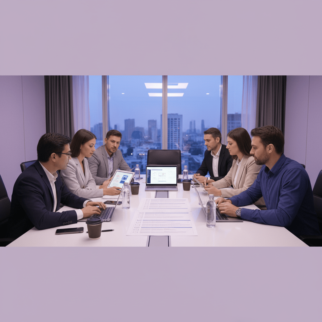 Hotel team planning ERP implementation checklist in conference room
