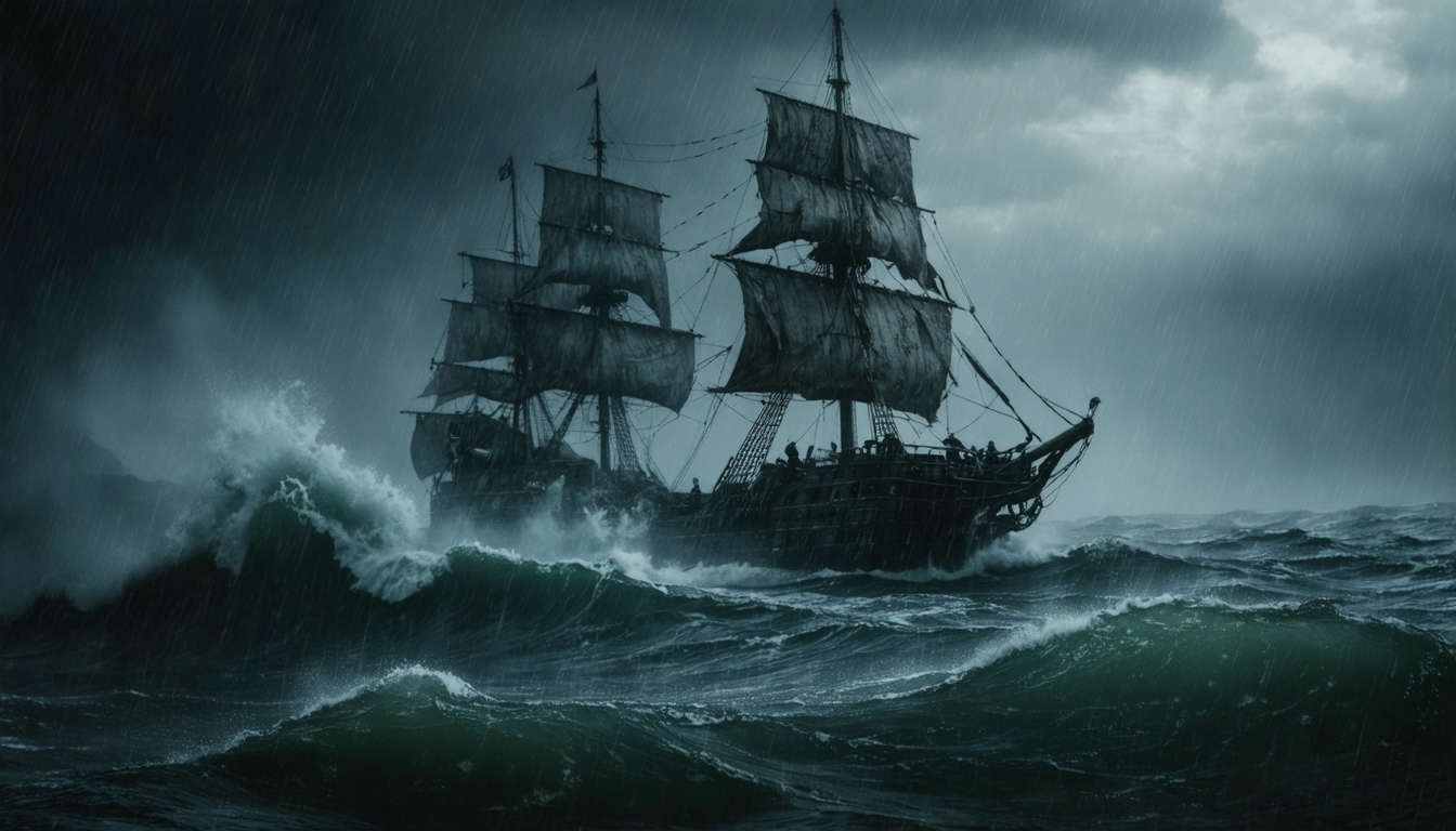 A wooden warship listing in heavy storm swell under a bruised grey sky, spray breaking over the deck with no crew in sight.