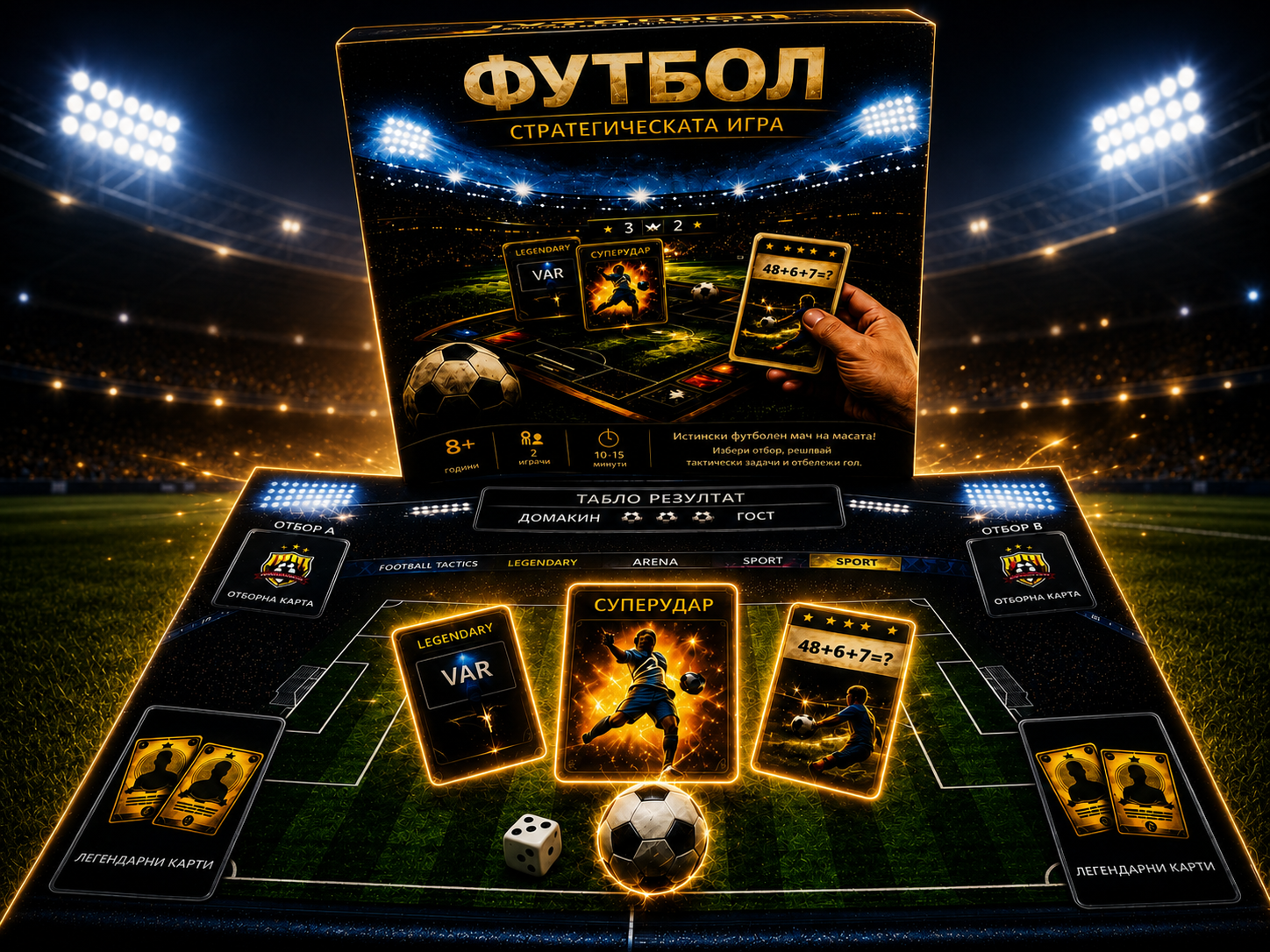 ФУТБОЛ — стратегическата игра, кутия, игрално поле и карти