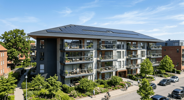 Modern condominium with solar panels on the roof.