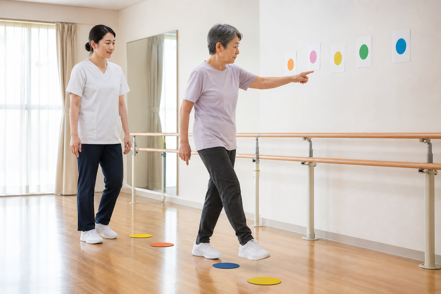 専門職の見守りで体と頭を同時に使う課題を行う高齢者