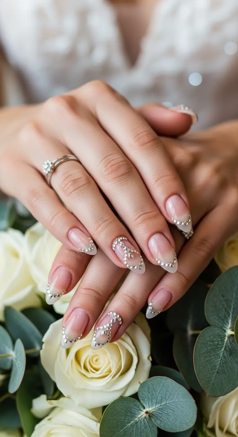 Rhinestone Cuticle Bridal Almond Nails