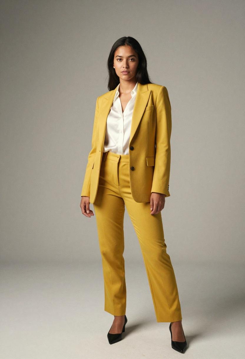 Mustard yellow tailored pantsuit in editorial pose for petite professional women