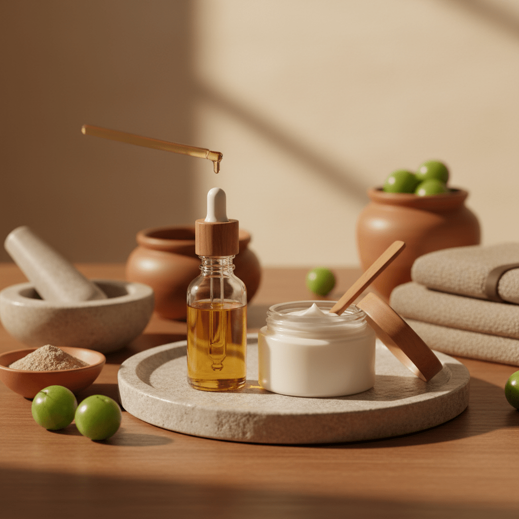 Amla oil skincare routine with dropper and moisturizer