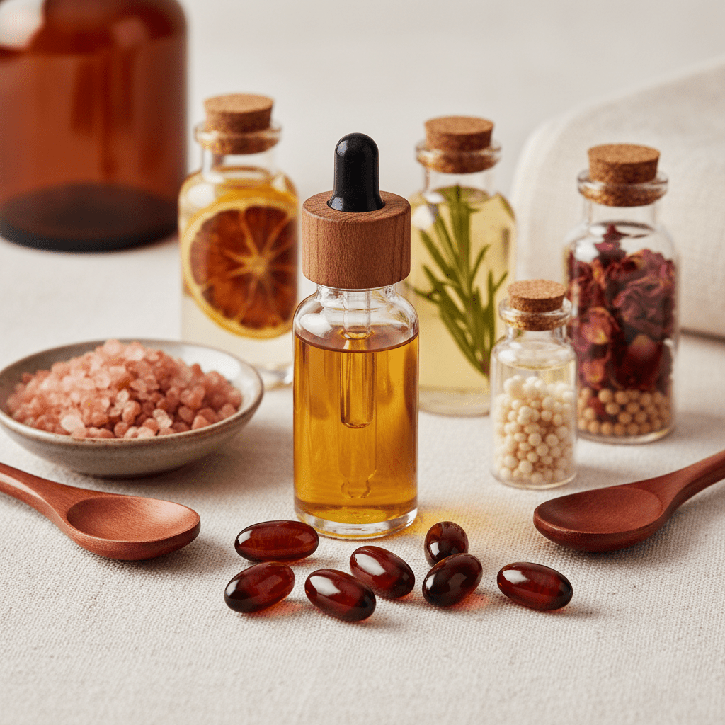Wellness product ingredients arranged with carrier oil, extract capsules, and natural spa oils on a neutral background