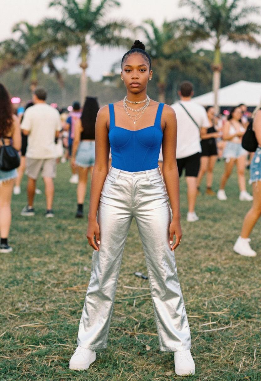 A cobalt corset top and silver wide-leg trousers creating a fearless concert-ready statement look