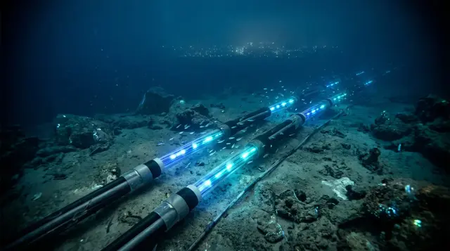 Glowing fiber optic submarine cables on dark ocean floor transmitting light pulses underwater