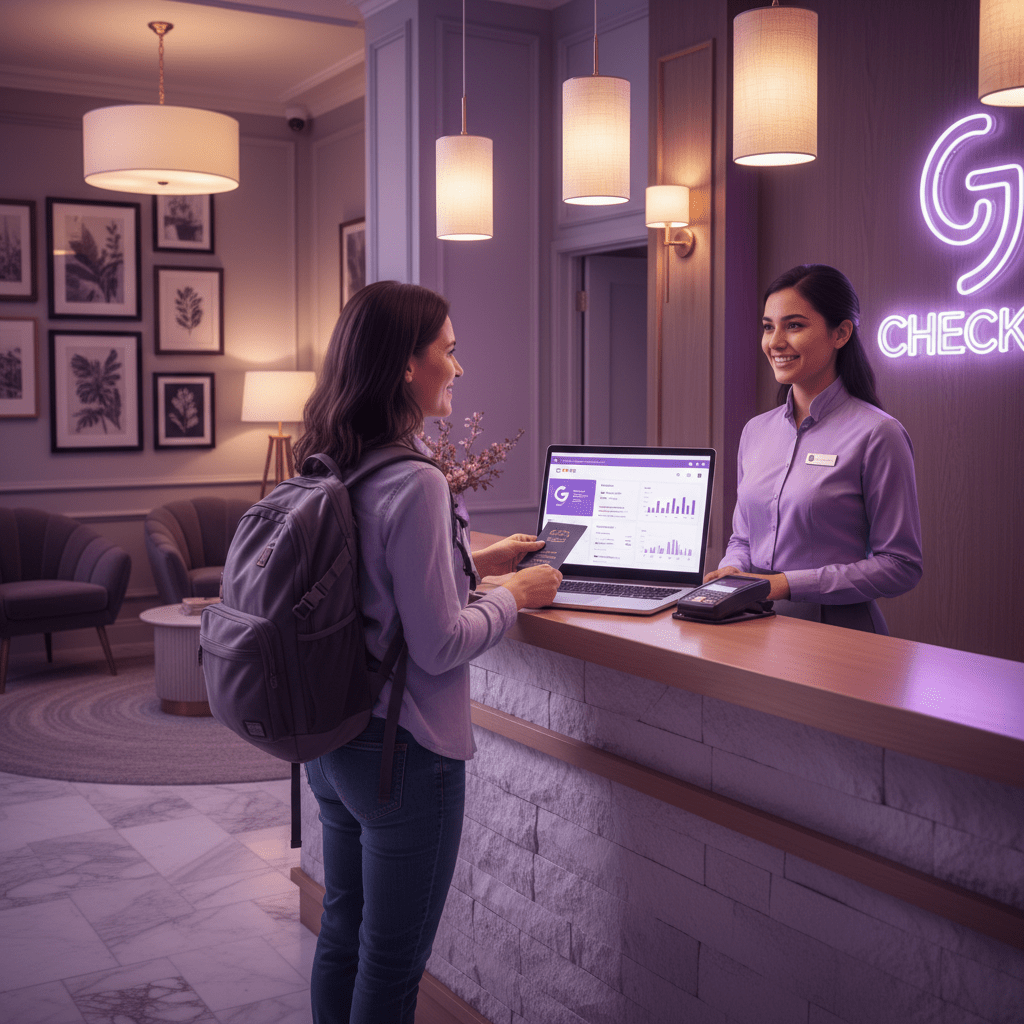 Photorealistic hotel front desk with GBP dashboard and guest