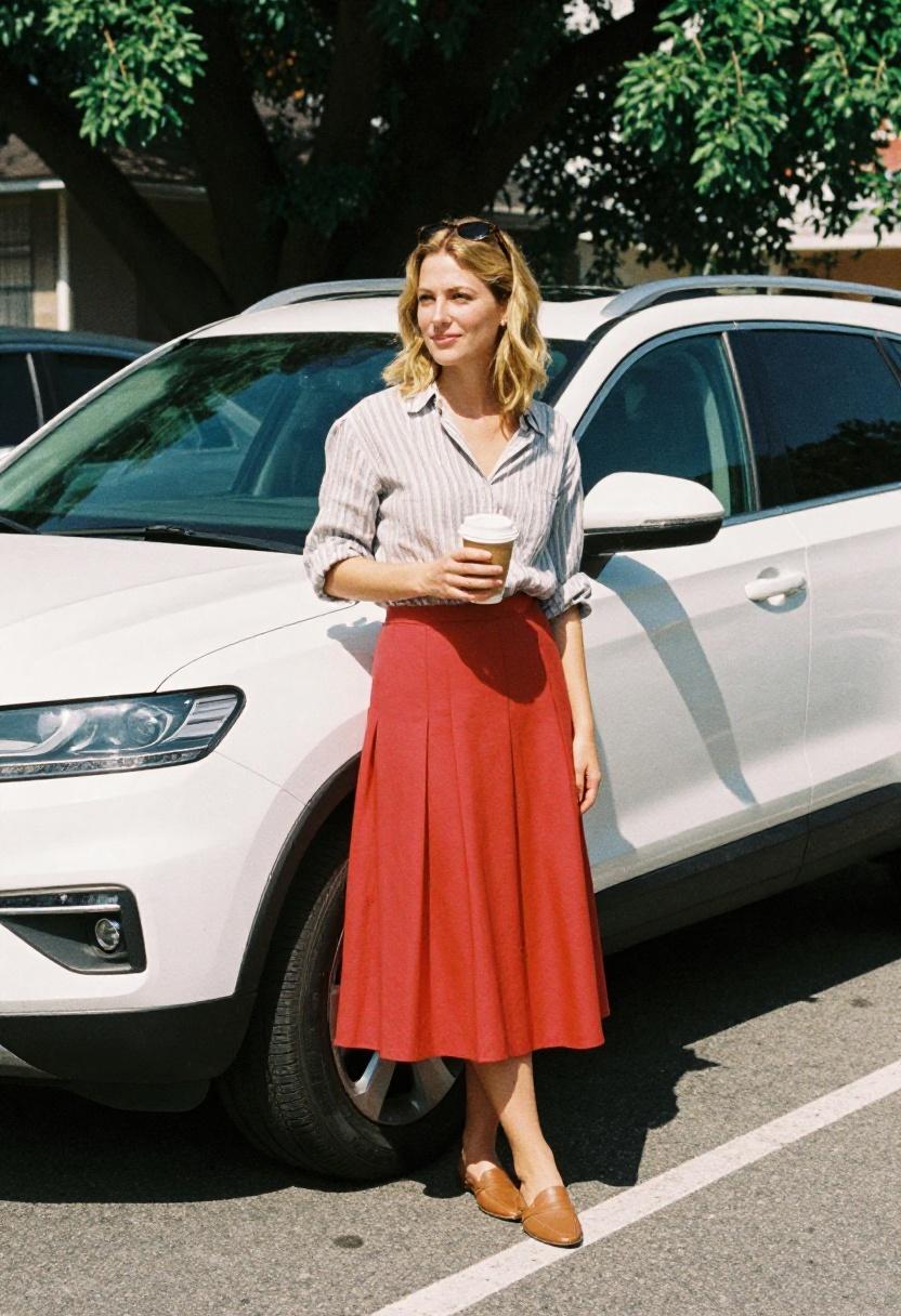 Cherry red pleated midi skirt with relaxed linen shirt, polished weekend street style