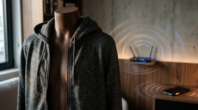 Silver-threaded shielding hoodie fabric detail with glowing electronics in background, moody lighting