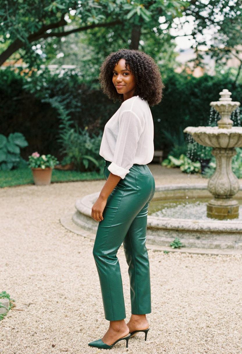 Emerald green faux leather trousers with a sheer blouse for a chic garden-ready look