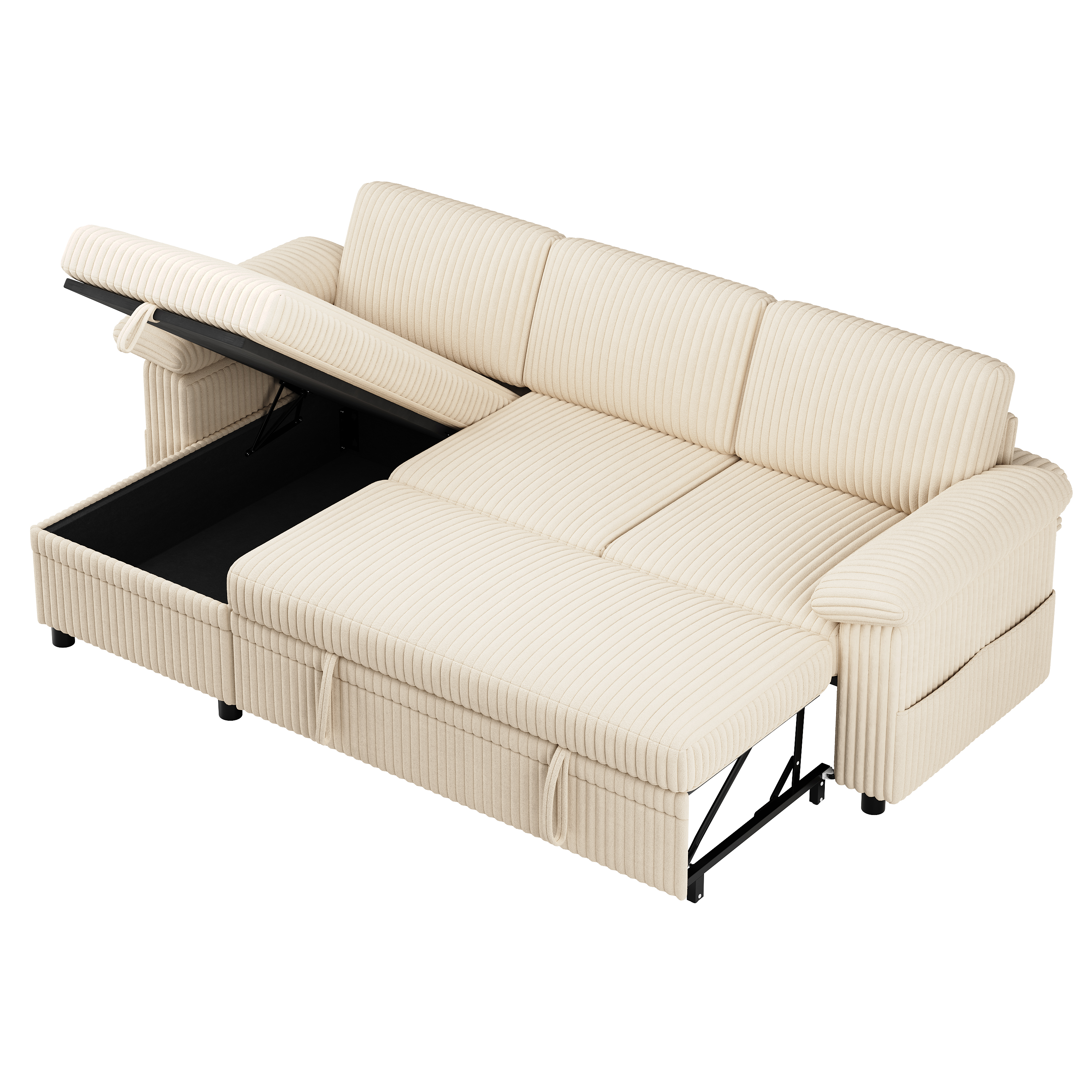 Canapé d'angle convertible beige sur fond blanc