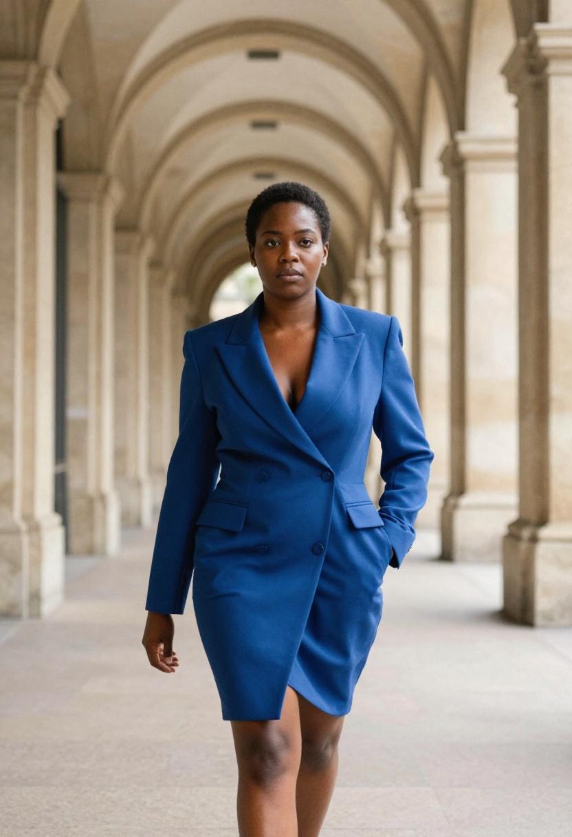 Royal blue wrap plus size blazer dress walking through classical colonnade in runway editorial spring look