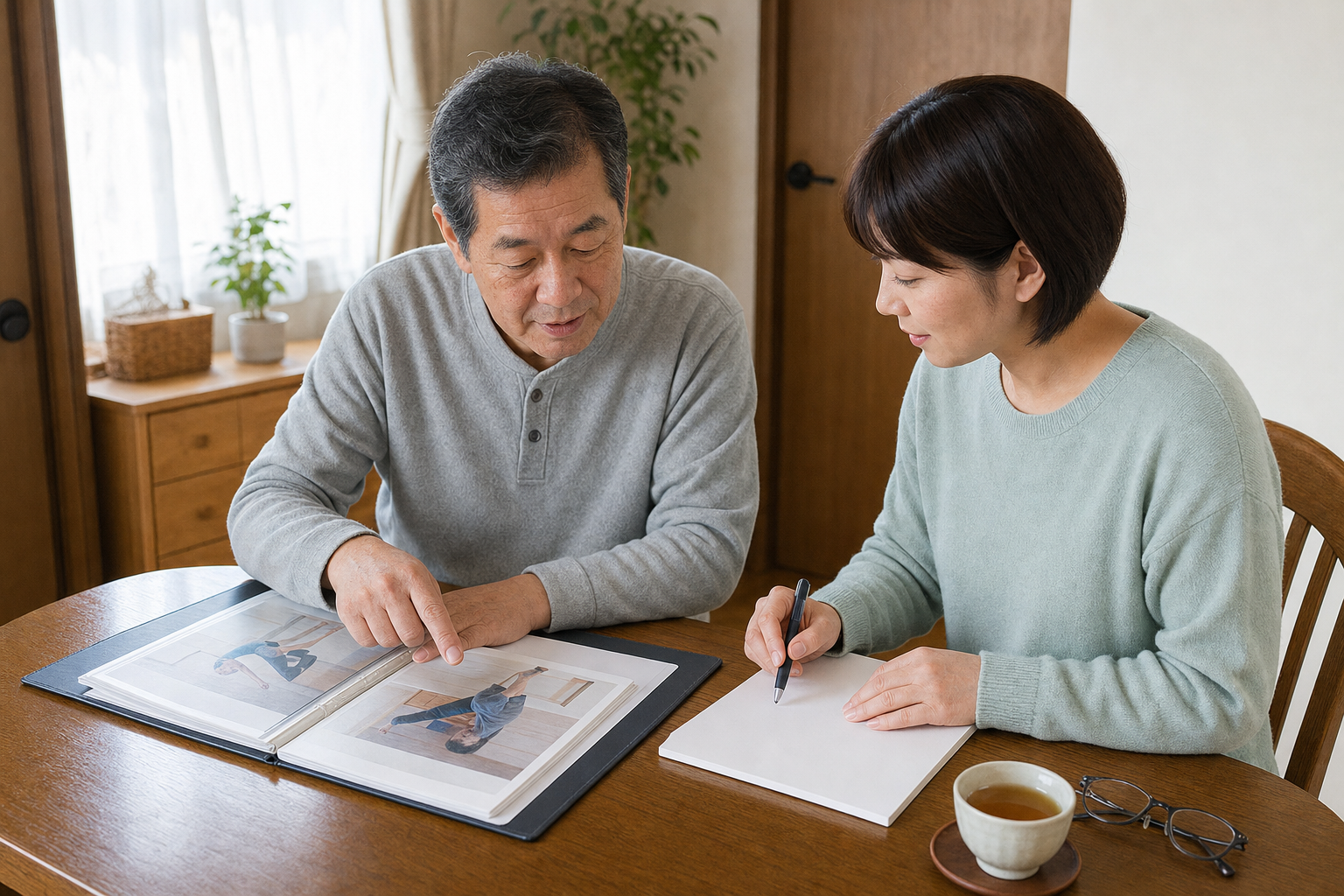 退院後に自宅で家族と資料を見返す様子