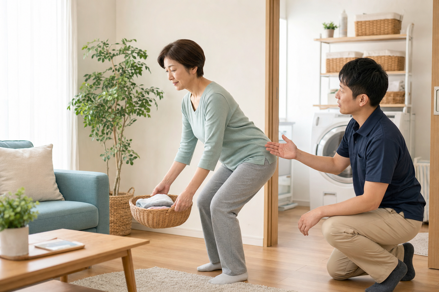 慢性腰痛の方が専門職と日常生活動作を練習する場面