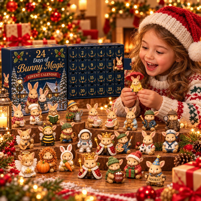 Child opening a numbered bunny advent calendar compartment at Christmas