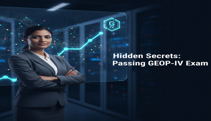 Hidden Secrets: Passing GEOP-IV Exam A professional stands before a holographic display, where a clear, luminous path emerges from a complex network diagram, symbolizing the hidden secrets and strategy for passing the Genesys Engage on-premises Inbound Voice (GEOP-IV) exam.