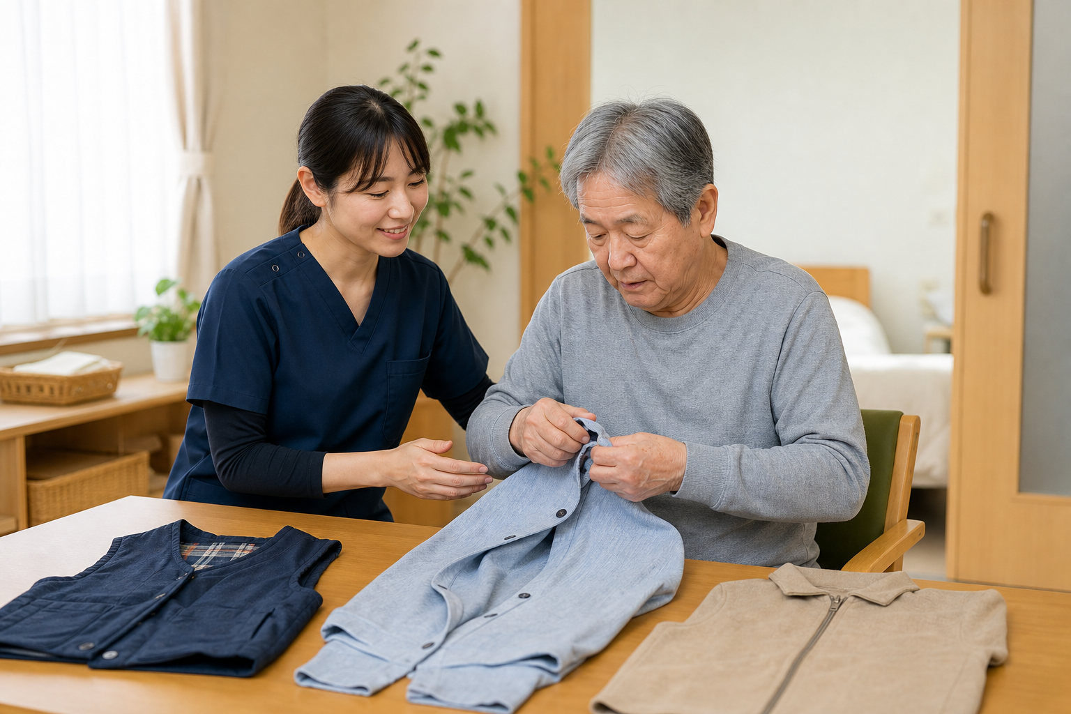 作業療法士が脳卒中後の更衣動作を見守り、衣服の扱い方を一緒に確認する場面