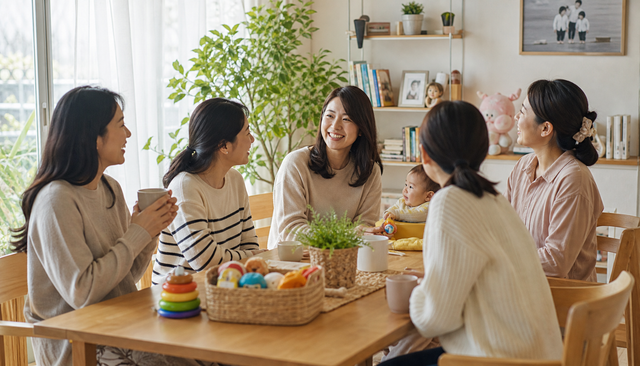 한국인 부모들이 지역 커뮤니티에서 육아 경험을 나누며 네트워크를 형성하는 따뜻한 장면