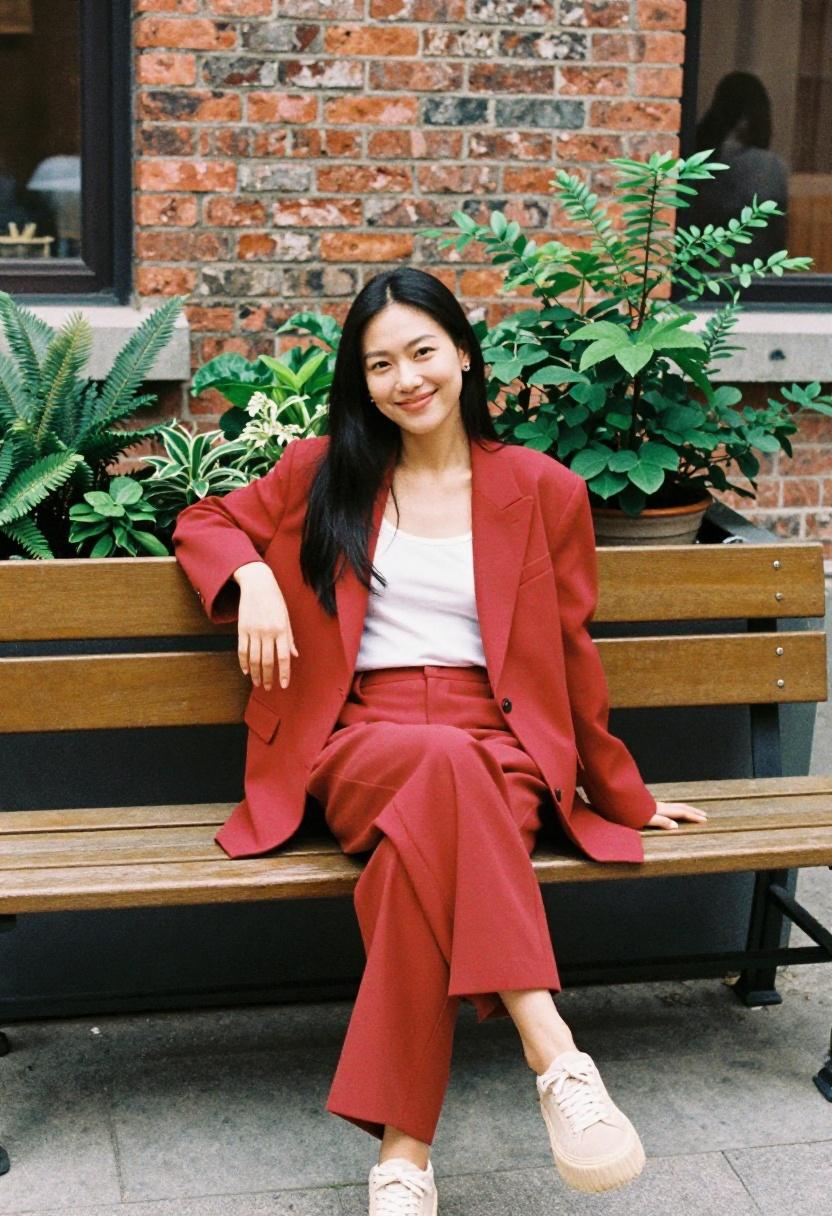 Cherry red blazer and platform sneakers creating a sharp street style look on a park bench