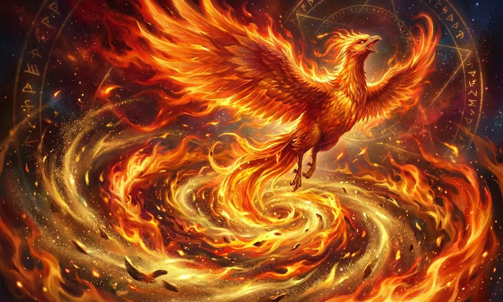 A Fênix em chamas renascendo das próprias cinzas