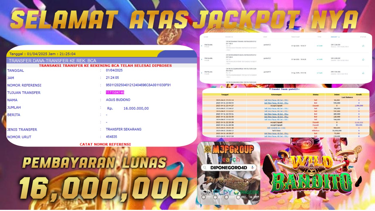 DIPONEGORO4D JACKPOT WILD BANDITO Rp.16.000.000.,- LUNAS