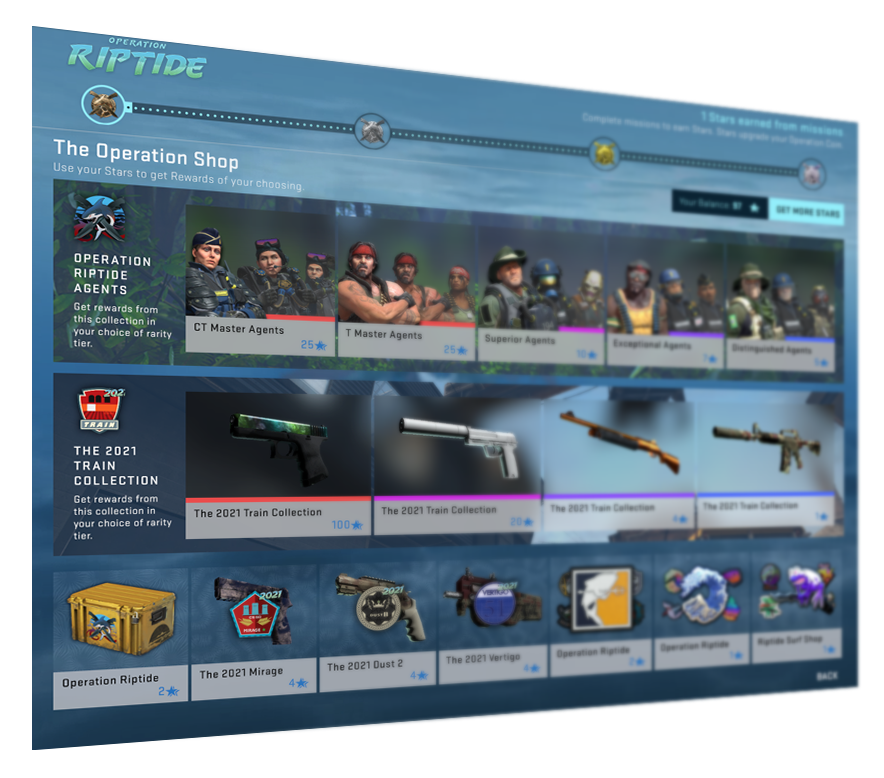 Operation Riptide’s shop with agent rewards, weapon collections, a case and a Get More Stars button