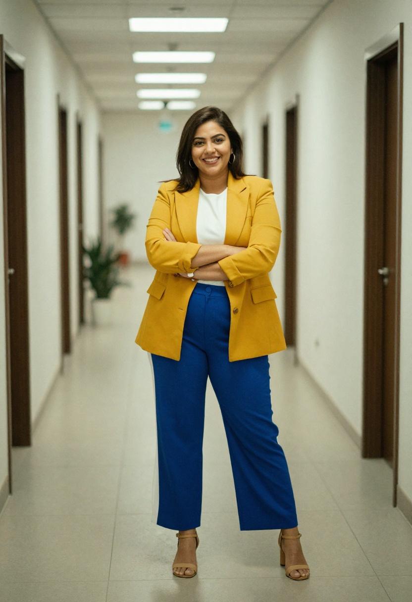 Color-blocked wide-leg trousers with mustard blazer for confident plus-size professional