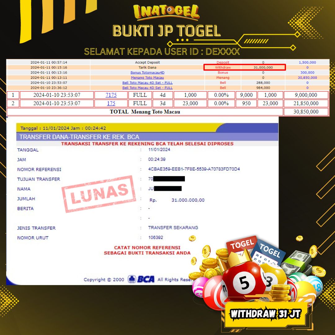 BUKTI PEMBAYARAN JP TOGEL TOTO MACAU Rp31,000,000,- LUNAS
