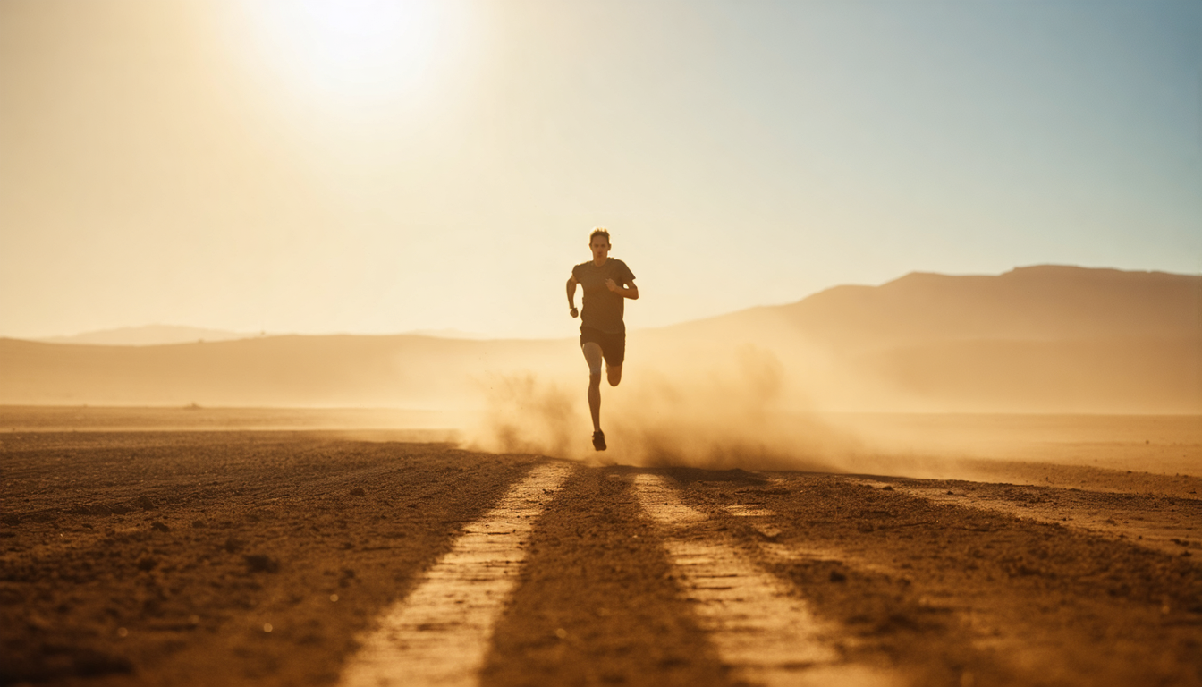 A distant runner circling a dusty desert loop under punishing low sun, the far track dissolving into heat shimmer.