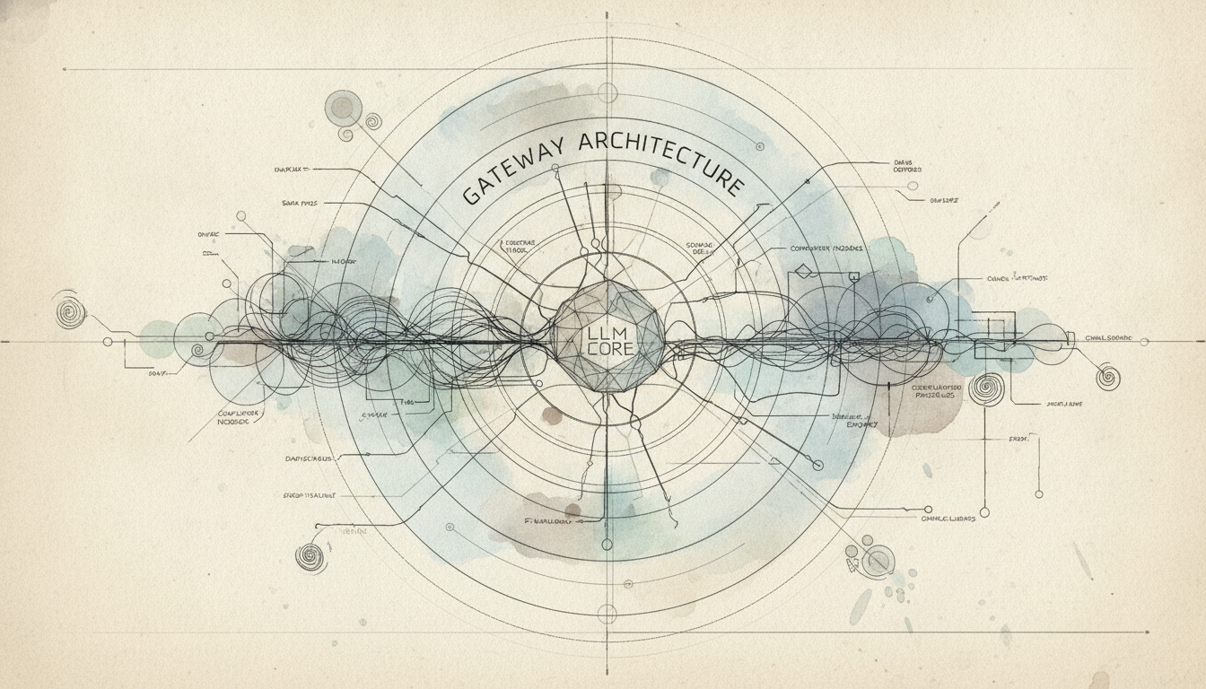 A complex blueprint or architectural drawing of an LLM gateway, with many overlapping layers, wires, and abstract repres