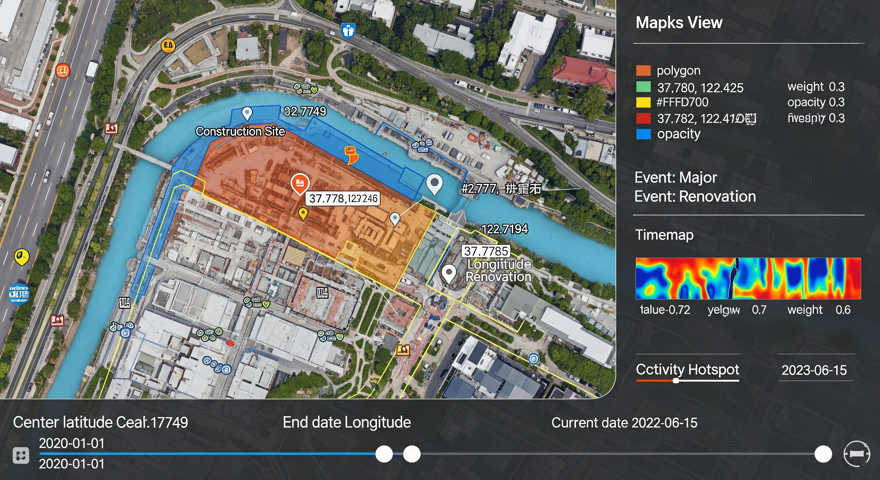 Map timeline with pinned satellite imagery and events.