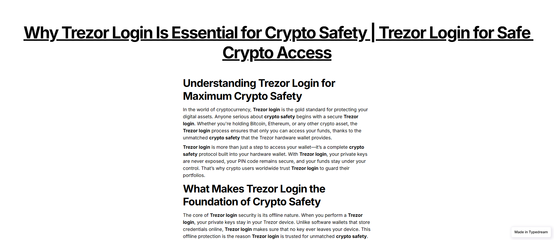 Forensic screenshot of manage-trezoor-en-login.typedream.app showing the phishing page layout