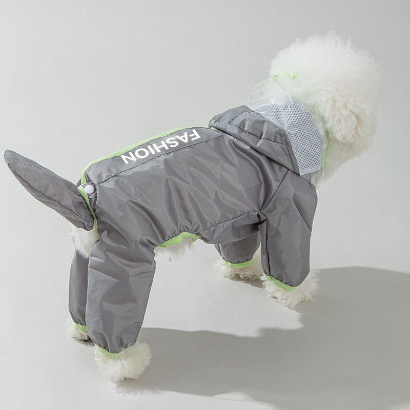 Grey and Green XS size Dog Raincoat with Leash Access and Transparent Hood - Waterproof Full Body Pet Rain Suit for Small and Medium Dogs, Reflective Trim, Removable Tail Cover, Outdoor Walking Apparel