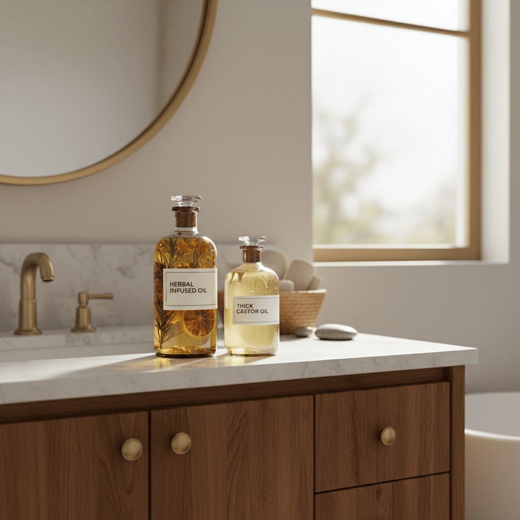 A bathroom vanity showing two natural hair oils for comparison