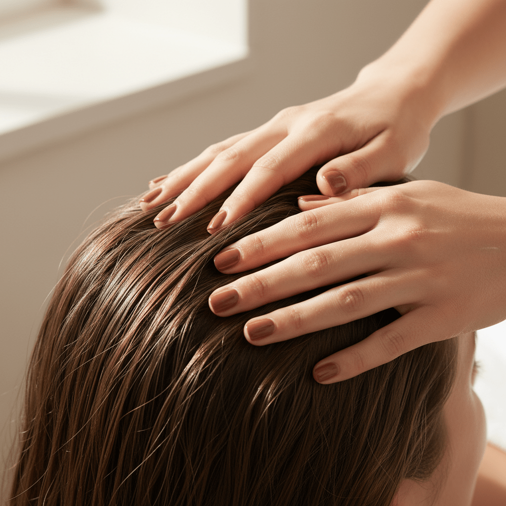 A healthy scalp massage moment with shiny hair in a spa-like setting