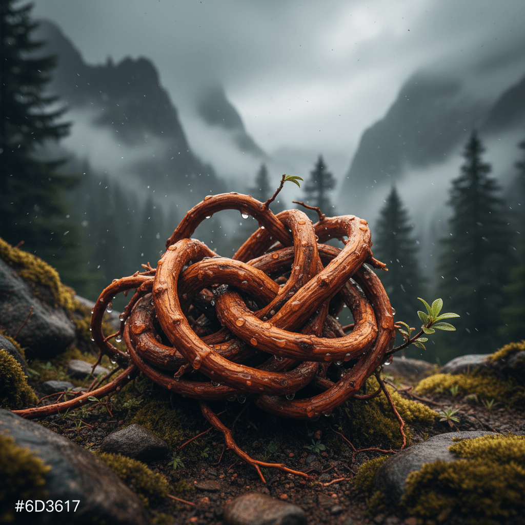 Serene Himalayan root plant in misty mountains