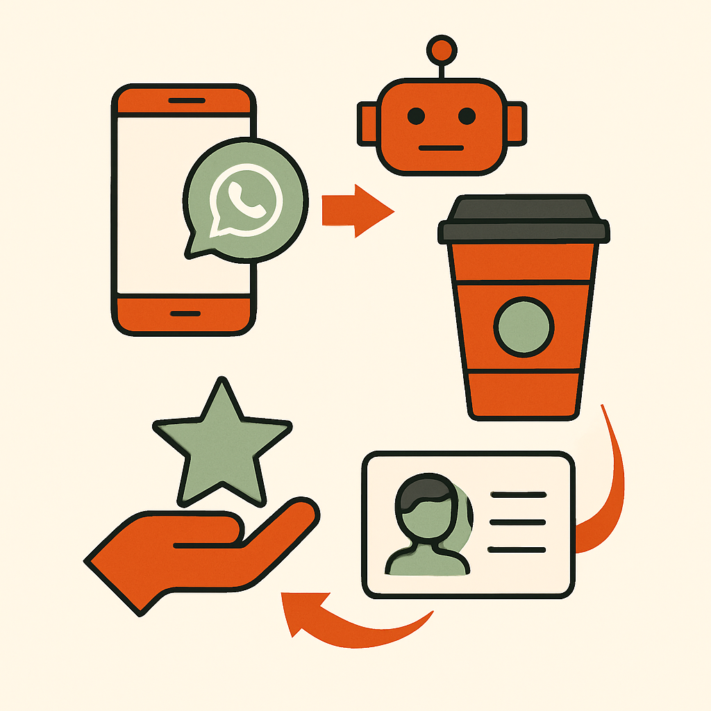 Flowchart of automated WhatsApp messaging and reward redemption for cafe customers