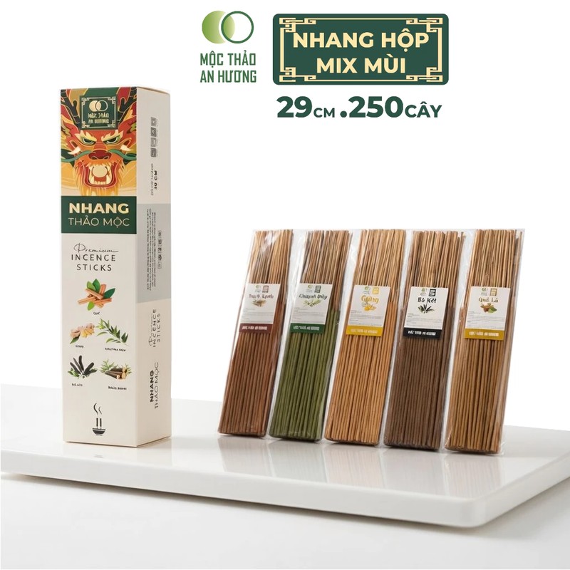 Nhang Thảo Mộc Mix 5 Mùi Hộp 250 Cây (Gừng, Khuynh Diệp, Bồ Kết, Bách Xanh, Quế)