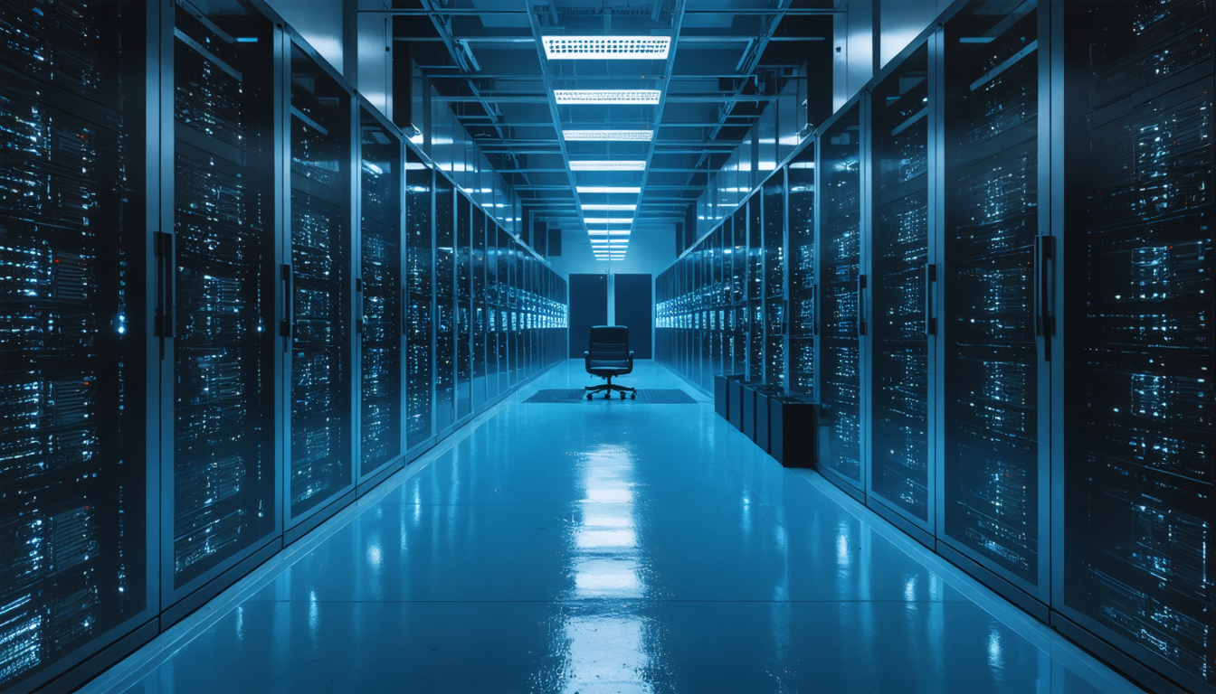 A dim server room with rows of humming machines, a single empty chair at the far end under cold blue light.