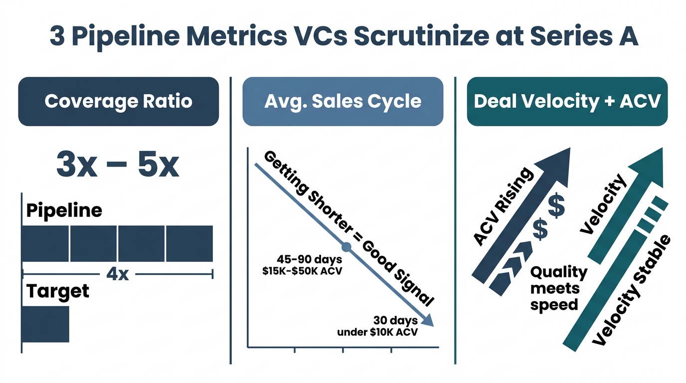 Three-column comparison chart showing pipeline coverage ratio benchmark of 3x–5x, average sales cycle trends by ACV tier, and deal velocity plus ACV growth signals — Series A metrics guide