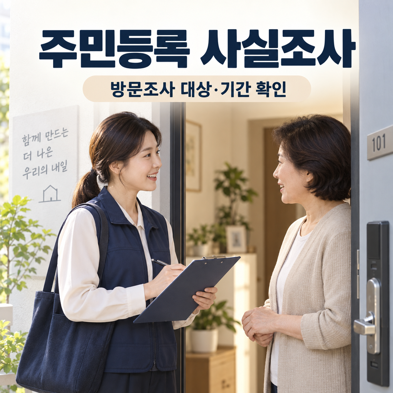 주민등록 방문 사실조사를 설명하는 주민과 조사원의 대화 장면