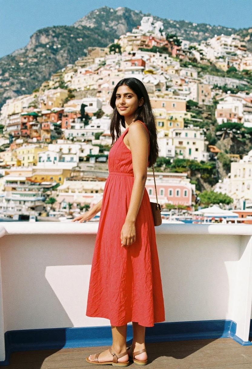 Poppy-red crinkle maxi dress for Amalfi Coast summer travel